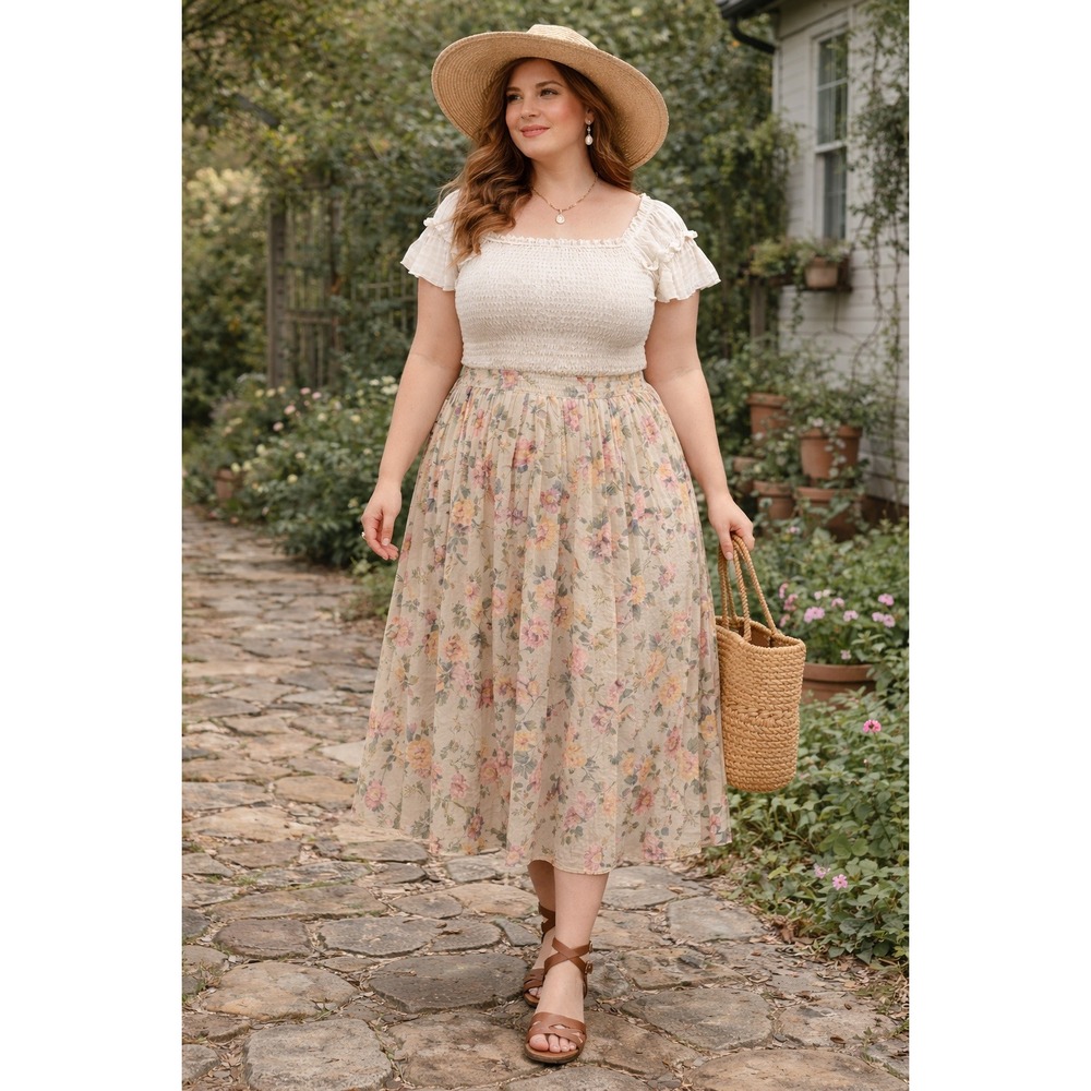 Boho Cottagecore Vintage Alfred Dunner Yellow Pink Floral Pleated 14‎ Midi Skirt